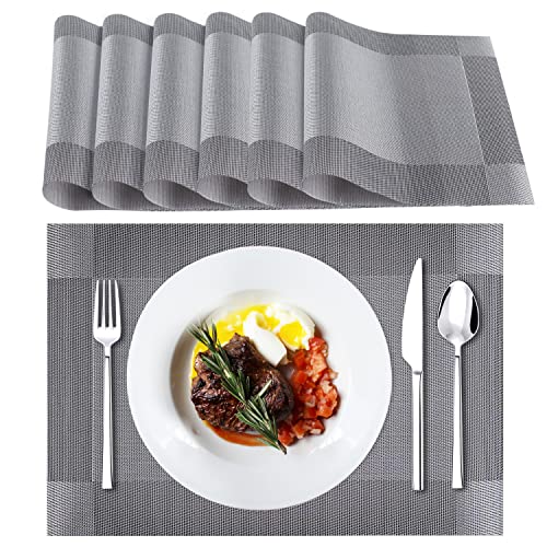 DOMI PRO Tischset 6 Platzsets, rutschfest Abwaschbar Tischsets, PVC Hitzebeständig, Platzdeckchen Antifouling und Waschbar, für Küche Speisetisch (Grau) von DOMI PRO