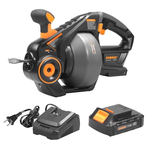 DOMINOX 18V Akku-Rohrreiniger mit 7,6m Reinigungsspirale, Abflussreiniger Spirale für 18-65mm Rohrverstopfungen (Kommt mit Batterie und Ladegerät bei Lieferung) von DOMINOX