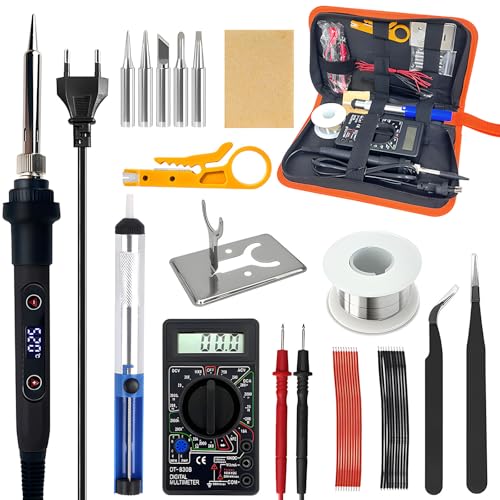 Lötkolben Set - 80W Lötkolben LCD Einstellbar Temperatur 180-520°C mit 5 Lötspitzen, Entlötpumpe, Lötdraht, Pinzette, Lötkolbenständer, Digitalmultimeter von DOMIPHIE
