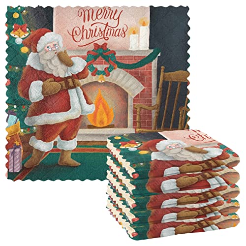 Merry Christmas Santa Claus Küchentücher Wiederverwendbare Geschirrtücher Set von 6 Stück Saugfähige Handtücher für Geschirrtücher für Waschküche Küchenzubehör von DOMIKING