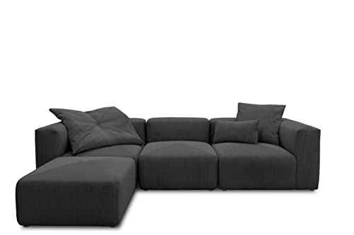 DOMO. collection Ecksofa Malia, Cord Modul-Sofa, L-Form aus 2 x Ecksessel, 1 x Sessel und 1 x Hocker, Modul-Couch, 4 Polster-Elemente, Eckcouch 301 x 193 x 69 cm (BxTxH), anthrazit von DOMO. collection