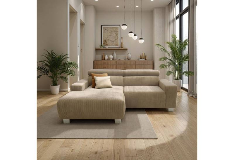 DOMO collection Ecksofa 100030 inkl. Kopfteilverstellung, guter Sitzkomfort, Cordbezug, L-Form, mit komfortabler Wellenunterfederung, ideal für kleine Räume von DOMO collection
