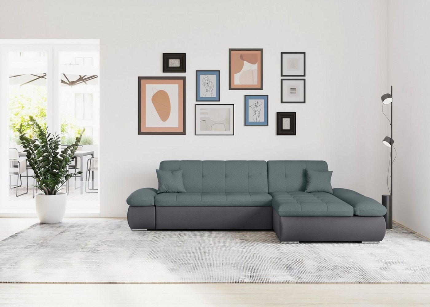 DOMO collection Ecksofa Moric, L-Form, XXL-Sofa - Breite 300cm, viel Platz, auch in Cord, wahlweise mit Bettfunktion und Armteilverstellung, grau-eisblau von DOMO collection
