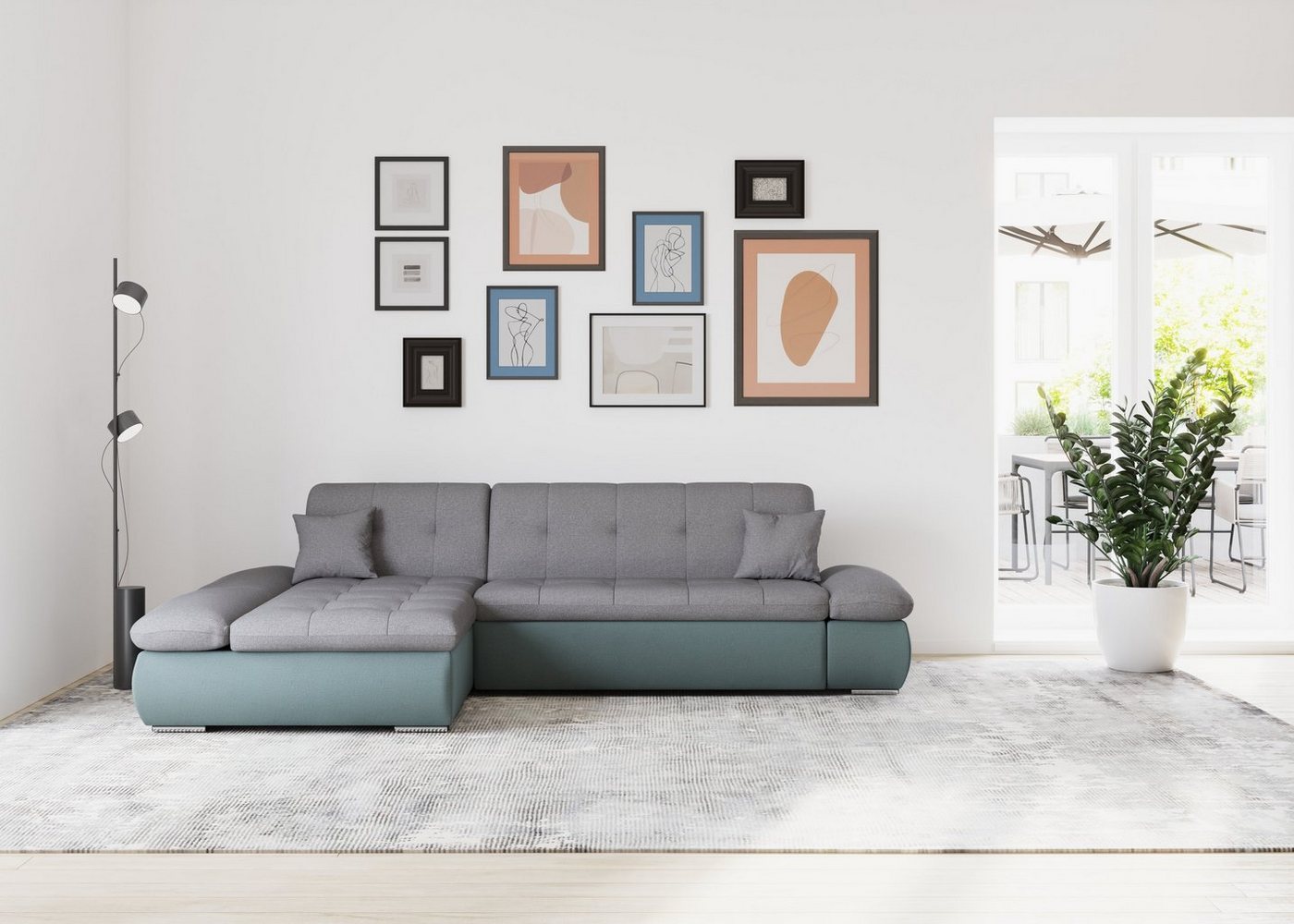 DOMO collection Ecksofa Moric, L-Form, XXL-Sofa - Breite 300cm, viel Platz, auch in Cord, wahlweise mit Bettfunktion und Armteilverstellung, eisblau-grau von DOMO collection