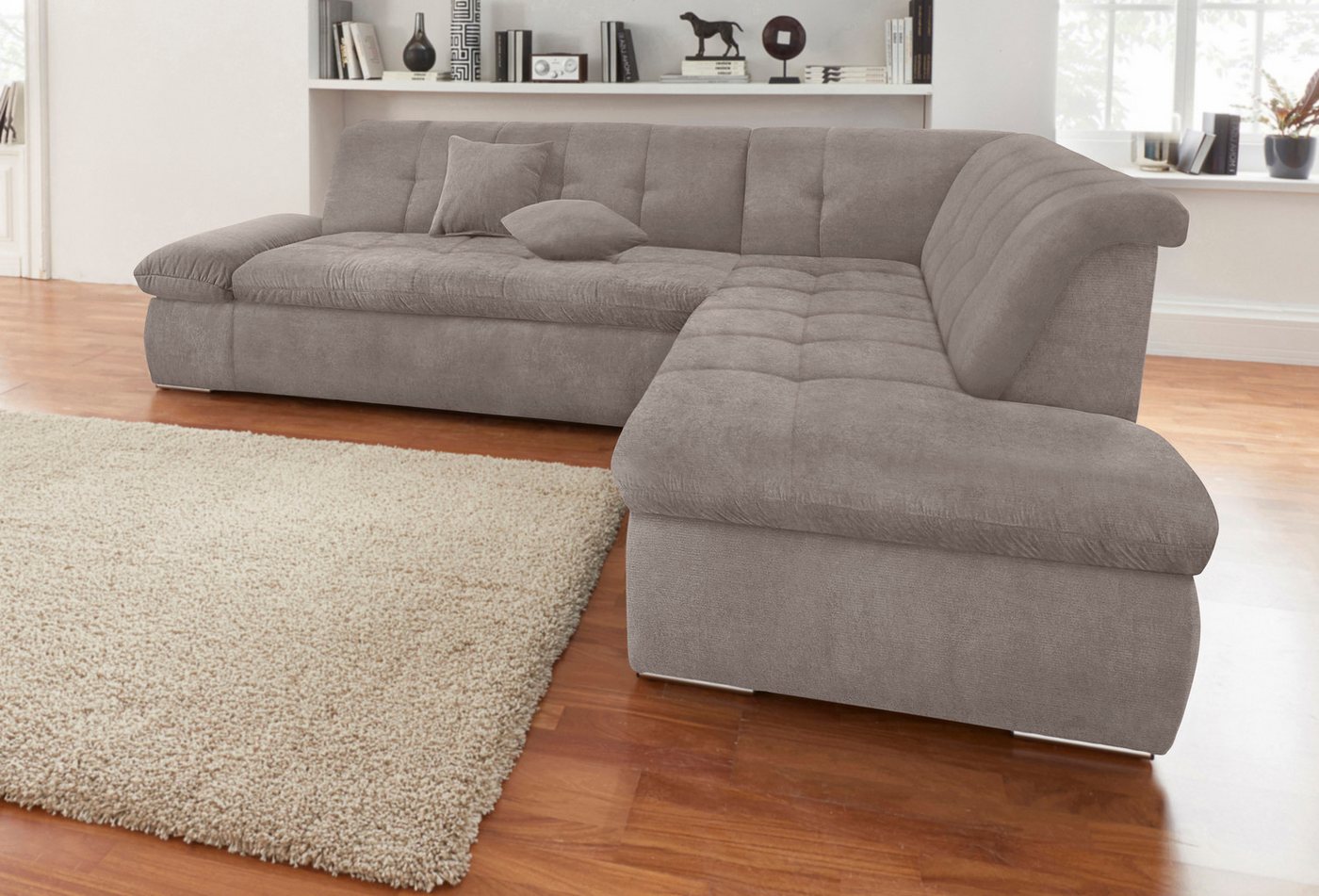 DOMO collection Ecksofa Moric Luxus incl. Zierkissen B/T/H: 273/216/80 cm, XXL, L-Form, bis 140kg pro Sitzplatz belastbar, Ottomanen-Abschluss von DOMO collection