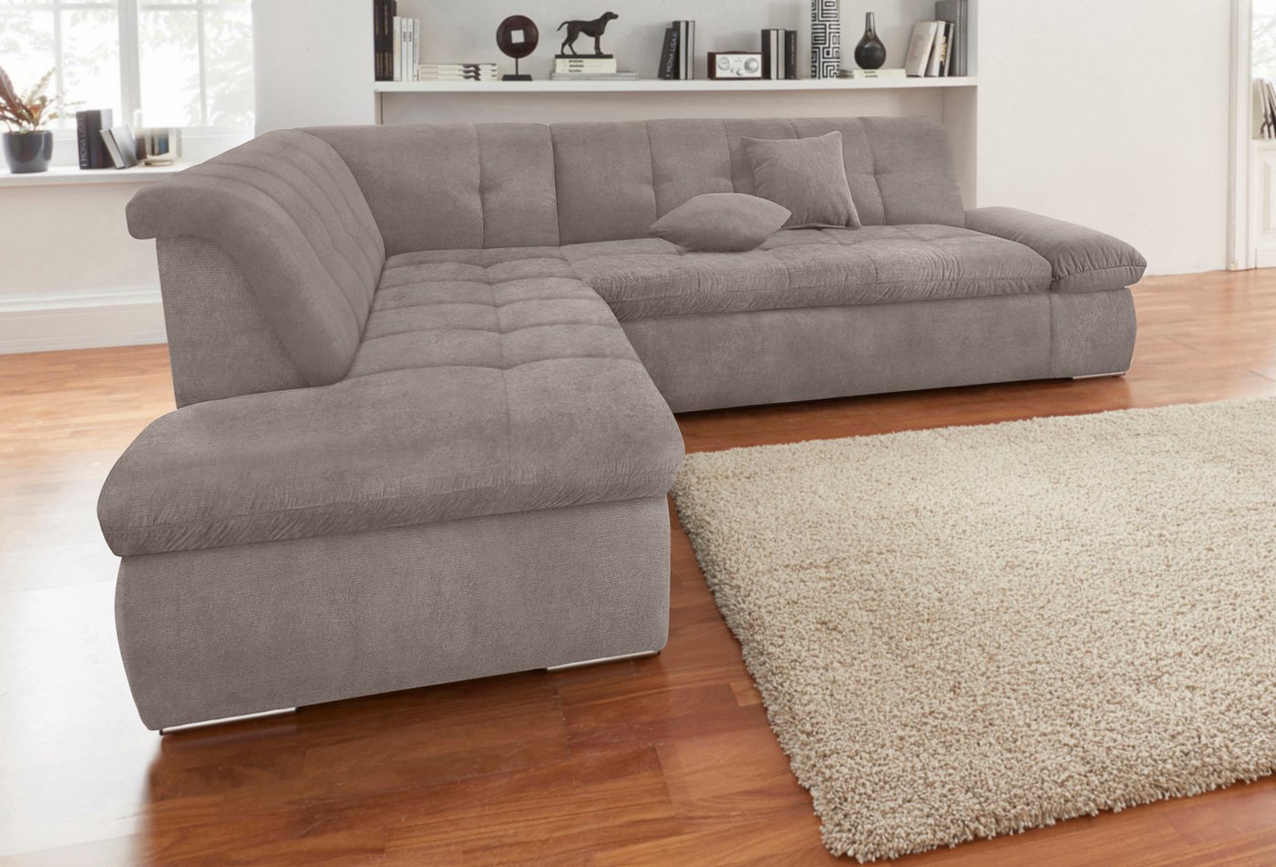 DOMO collection Ecksofa Moric Luxus incl. Zierkissen B/T/H: 273/216/80 cm, XXL, L-Form, bis 140kg pro Sitzplatz belastbar, Ottomanen-Abschluss von DOMO collection