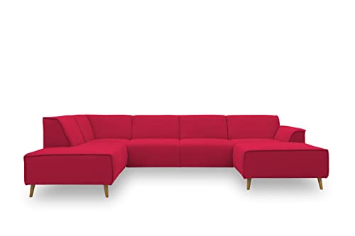 DOMO. collection Wohnlandschaft Jules FK, skandinavisches Sofa mit Federkern, Couch in U-Form mit Holzfüßen, 333 x 191 x 81 cm (BxTxH), Longchair rechts, rot von DOMO. collection