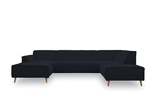 DOMO. collection Wohnlandschaft Jules FK, skandinavisches Sofa mit Federkern, Couch in U-Form mit Holzfüßen, 333 x 191 x 81 cm (BxTxH), Longchair links, schwarz von DOMO. collection