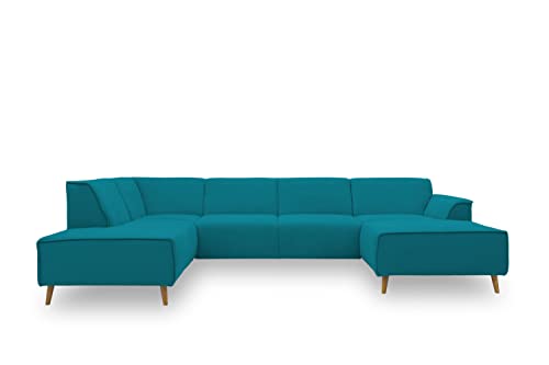 DOMO. collection Wohnlandschaft Jules FK, skandinavisches Sofa mit Federkern, Couch in U-Form mit Holzfüßen, 333 x 191 x 81 cm (BxTxH), Longchair rechts, türkis von DOMO. collection