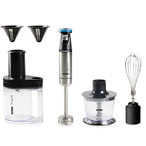 DOMO Stabmixer Set 4-in-1 - Ergo Press - Inklusive 4 Aufsätze: Mixstab, Schneebesen, Zerkleinerer, Spiralschneider - 800W von DOMO