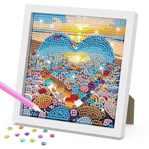 DOMROM Bunter Strand Diamond Painting Kinder mit Rahmen, 5D DIY Diamond Painting Set Full Mosaic Making für Mädchen & Jungen Erwachsene, Diamant Painting Bilder Arts Craft für Home Wand Decor 18x18cm von DOMROM