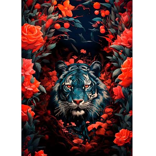 DOMROM Diamant Painting Bilder, Tiger Diamant Painting Set für Erwachsene Blumen, Tier Diamant Painting Bilder Vollbohrer 5D Malen nach Zahlen Diamant Anfänger für Gift Home Wall Decoration 30x40cm von DOMROM