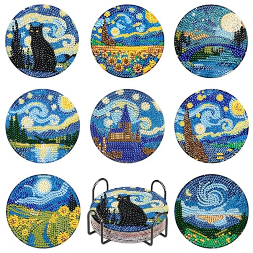DOMROM Diamond Painting Untersetzer, 8 Stück Diamant Painting Untersetzer Mit Halter, Sternennacht Diamond Painting Bilder Diamant Tassenuntersetze zum Basteln Erwachsene von DOMROM
