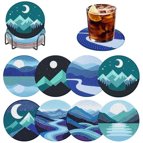 DOMROM Diamond Painting Untersetzer Landschaft, 8 Stück Diamant Painting Untersetzer Mit Halter, Einfach Diamond Painting Bilder Diamant Tassenuntersetze zum Basteln Erwachsene von DOMROM