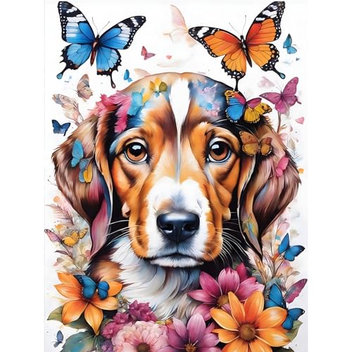 DOMROM Hund Diamond Painting Kits für Erwachsene, 5D Tier Diamant Painting Bilder, DIY Blume Schmetterling Diamond Art Painting Full Drill Digitales Gemälde Stickerei für Wall Decoration 30x40cm von DOMROM