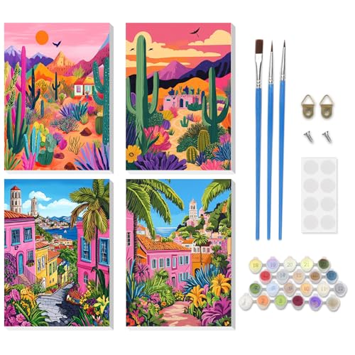 DOMROM Malen Nach Zahlen Erwachsene, 4 Stück Malen Nach Zahlen mit Rahmen Landschaft, Wüstenkaktus Stadt am Meer Paint By Numbers Adults DIY Handgemalt Acrylic Öl Leinwand Rahmen Gemälde Set(20x30cm) von DOMROM