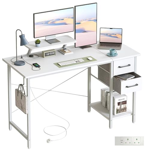 DOMSHOCT Computertisch mit Schubladen und Steckdosen, 120 x 50 cm, Heimbüro-Schreibtisch mit Monitorständer, Gaming-Tisch mit wendbarem Ablagefach und Haken, kleiner PC-Arbeitsplatz für Studium DOMSHOCT Computertisch mit Schubladen und Steckdosen, 120 x 50 cm, Heimbüro-Schreibtisch mit Monitorständer, Gaming-Tisch mit wendbarem Ablagefach und Haken, kleiner PC-Arbeitsplatz für Studium von DOMSHOCT
