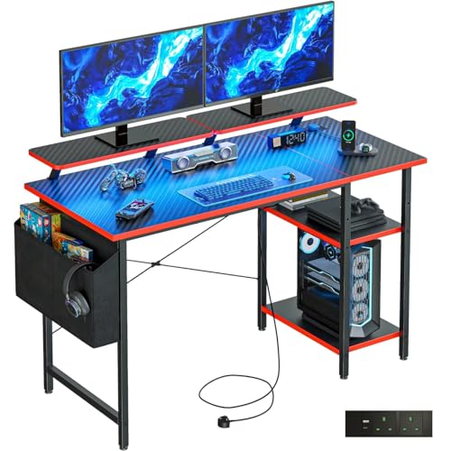 DOMSHOCT Gaming-Schreibtisch mit LED-Lichtern und Steckdosen, wendbarer Computertisch mit Ablagen und Dual-Monitor-Ständern, für Heimbüro und Arbeitszimmer, 100 x 50 cm, Karbonfaser, Schwarz von DOMSHOCT