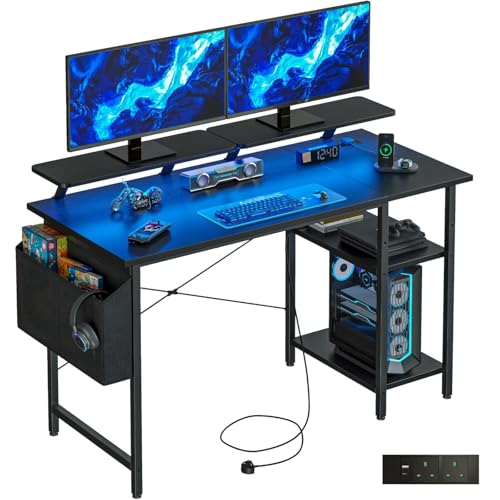 DOMSHOCT Gaming-Schreibtisch mit LED-Lichtern und Steckdosen, wendbarer Computertisch mit Ablagen und Dual-Monitor-Ständern, für Heimbüro und Arbeitszimmer, 100 x 50 cm, Schwarz von DOMSHOCT