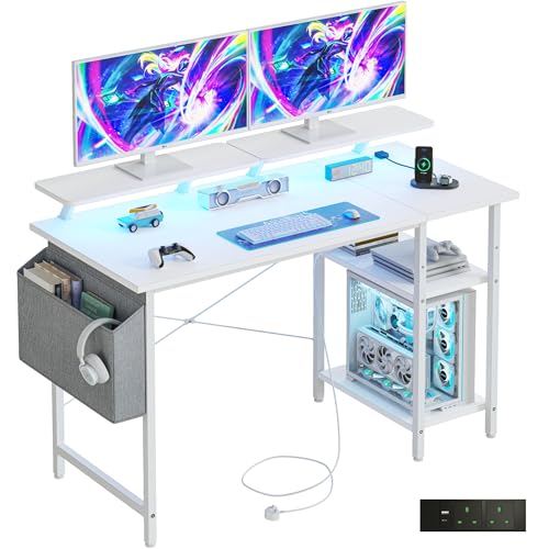 DOMSHOCT Gaming-Schreibtisch mit LED-Lichtern und Steckdosen, wendbarer Computertisch mit Ablagen und Dual-Monitor-Ständern, für Heimbüro und Arbeitszimmer, 100 x 50 cm, Weiß DOMSHOCT Gaming-Schreibtisch mit LED-Lichtern und Steckdosen, wendbarer Computertisch mit Ablagen und Dual-Monitor-Ständern, für Heimbüro und Arbeitszimmer, 100 x 50 cm, Weiß von DOMSHOCT