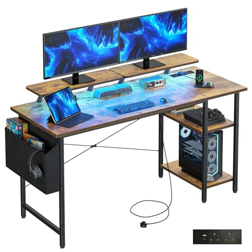 DOMSHOCT Gaming-Schreibtisch mit LED-Lichtern und Steckdosen, wendbarer Computertisch mit Ablagen und Dual-Monitor-Ständern, für Heimbüro und Arbeitszimmer, 120 x 50 cm, Braun von DOMSHOCT