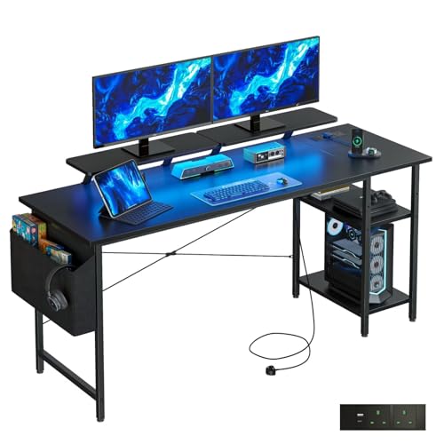 DOMSHOCT Gaming-Schreibtisch mit LED-Lichtern und Steckdosen, wendbarer Computertisch mit Ablagen und Dual-Monitor-Ständern, für Heimbüro und Arbeitszimmer, 140 × 50 cm, Schwarz von DOMSHOCT
