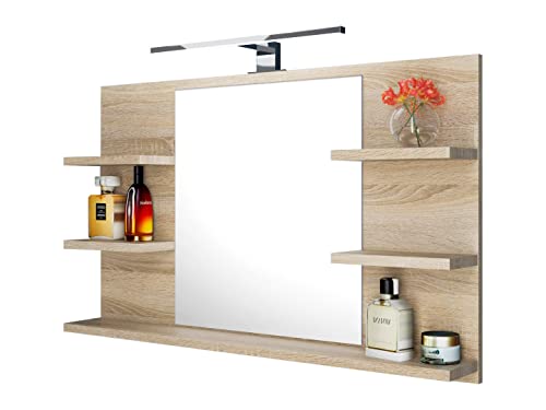 DOMTECH Badspiegel mit Ablagen Eiche Sonoma mit LED Beleuchtung Badezimmer Spiegel Wandspiegel von DOMTECH