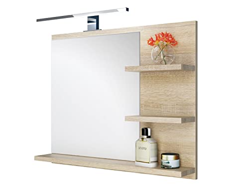 DOMTECH Badspiegel mit Ablagen und LED Beleuchtung Eiche Badezimmer Spiegel Wandspiegel, LED Wandlampe von DOMTECH
