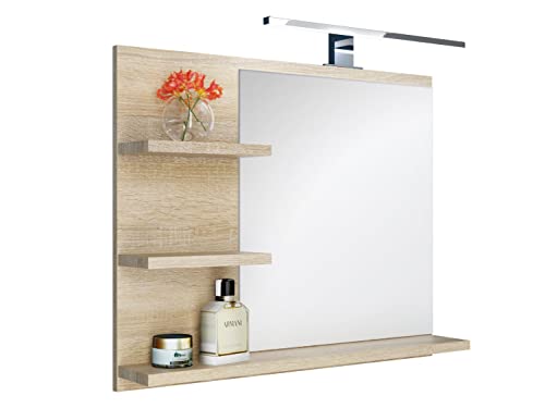 DOMTECH Badspiegel mit Ablagen und LED Beleuchtung Eiche Badezimmer Spiegel Wandspiegel, LED Wandlampe. L von DOMTECH