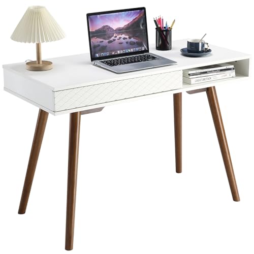 DOMUMALI 42 Zoll moderner, einfacher Home-Office-Schreibtisch, Mid-Century-Computertisch mit Schublade und offenem Ablagefach, Kleiner Schminktisch für Schlafzimmer, Weiß von DOMUMALI