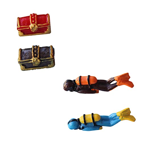 DONFAMDS 4 Stück Taucher Figuren Set mit Teiliges Harz Ornament für Aquarien und Kreative Tischdekoration Blauer und Taucherfigur Sowie Farbenfrohen Schatzkisten von DONFAMDS