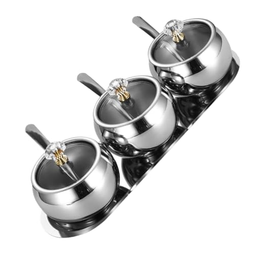 DONFAMDS Edelstahl Gewürzbehälter mit Deckel und Löffel Zuckerdose mit Tablett für Salz Kaffee Zucker Rostfrei Vielseitig Verwendbar Stilvolles Silber Küchenaufbewahrung von DONFAMDS
