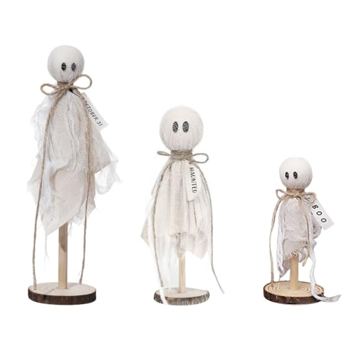 Halloween Deko Geist, 3 Stück Holz Geister Deko Figuren, Gruselige Geisterfigur mit Holz Sockel für Tischdeko Regal Kamine Halloween-Partydekor von DONGKER