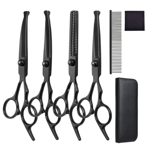 Hundeschere Set, 6-in-1 Hunde Fellschere mit Rundspitze, Schwarz Edelstahl Hunde Schere mit Reinigungstuch für Hunde, Katzen Und Andere Tiere von DONGKER