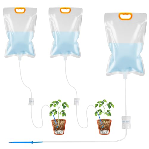 DONGKIKI 3 wiederverwendbare Pflanzenbewässerer für Zimmerpflanzen und ein 3,5-Liter-Tropfbeutel mit einstellbarem Durchfluss bilden ein automatisches Bewässerungssystem für Zimmer- und Außenpflanzen von DONGKIKI
