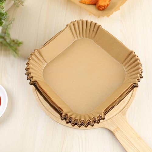 DONGKIKI Backpapier Für Heißluftfritteuse, 100 Stück Airfryer Backpapier 20cm Bpa-Frei Quadrat Backpapier Airfryer, Antihaft Wasserdicht ölfest Einwegschalen Luftfritteuse Pergamentpapier Liner 5-6L von DONGKIKI