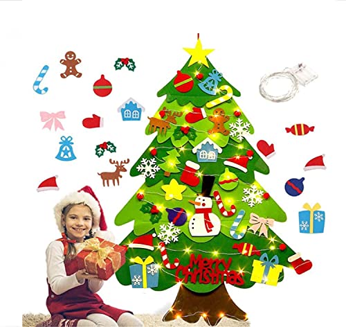 DONGQI 100x70CM Filz Weihnachtsbaum,DIY Weihnachtsbaum 3.3ft DIY Weihnachten Set Hängend Dekor für Kinder Weihnachten Geschenk mit 50 LED Lichter, 34PCS Verzierung von DONGQI