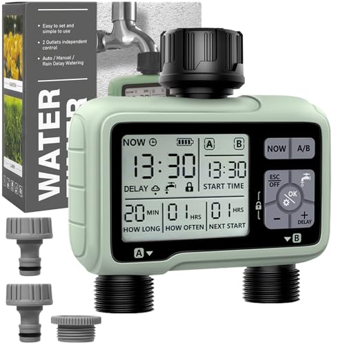 DONGQI Bewässerungscomputer 2 ausgänge,Automatische Bewässerung Programmierbar Bewässerungsuhr,bis zu 3 Bewässerungsprogramme pro Tag,Wasser Zeitschaltuhr für Garten, Gewächshaus von DONGQI