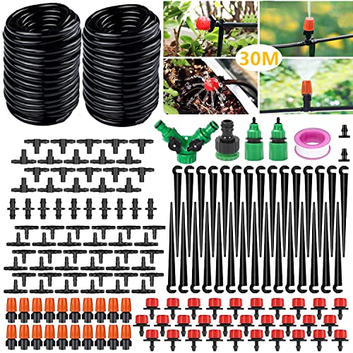 Tropfbewässerung Bewässerung Kit, 30M Garten Micro Drip Bewässerung Automatik Bewässerung Kit Schlauch Tröpfchenbewässerung DIY Gartenbewässerung für Landschaft,Flower Bed,Terrasse Pflanzen gardena von DONGQI