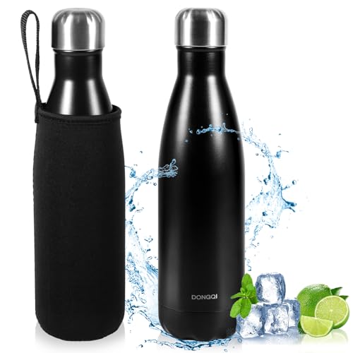 Edelstahl Trinkflasche 500ml - Doppelwandige Vakuumisolierte Thermoskanne, BPA-Frei, Hält kalte Getränke 24 Stunden und heiße Getränke 12 Stunden, Geeignet für Fitness und Sport, Outdoor (Schwarz) von DONGQI