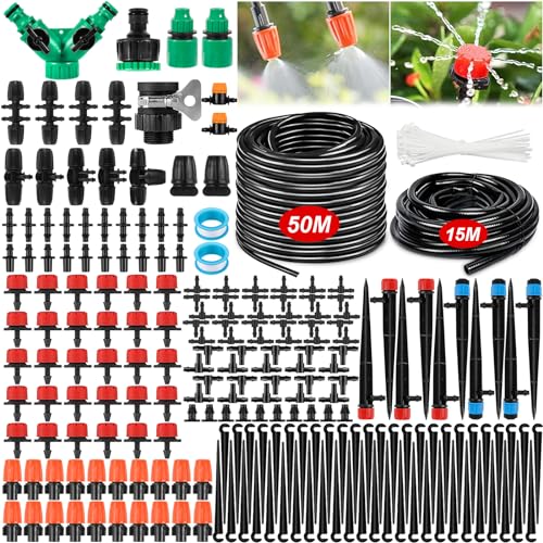 Garten BewässerungsSystem, 263Pcs Garten Bewässerung Kit, 50M+15M Bewässerungsrohre,Automatik Tröpfchenbewässerung Gartenbewässerung Misting Kühlsystem für Landschaft, Gewächshaus von DONGQI