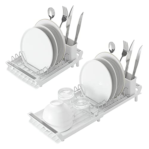 Kompaktes Abtropfgestell, erweiterbar, Abtropfgestell mit abnehmbarem Besteckhalter, Edelstahl & Kunststoff, Geschirrabtropfgestell, kratzfest, klein, Küchenabtropfgestell, Weiß von DONGS