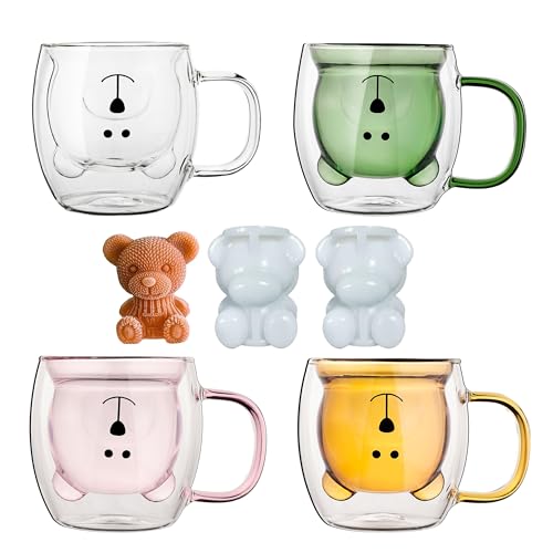 4-teiliges Familienpaket,Nette Bären-Becher,Niedliche Bären-Teetasse 250ml doppelwandiges Glas,Bärenbecher mit Henkel,Niedliche Geburtstagsgeschenke für das Büro zu Hause (Weiß Rosa Grün Braun) von DONGSHANGIFT