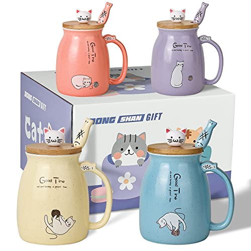 4er Set süße Katzenbecher,Keramik-Kaffeetassen mit Lovely Kitty-Deckel,Neuartiges Morgentee-Milchbecher-Set für Frauen,Weihnachtsgeburtstagsgeschenk Tasse 450ML (4 Stück, Blau, Rosa, Lila, Gelb) von DONGSHANGIFT