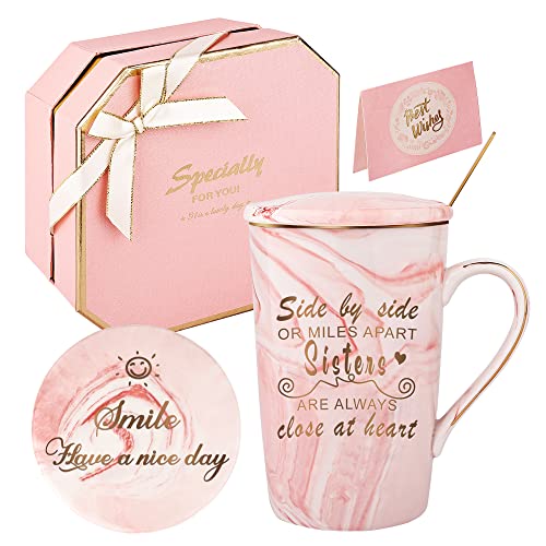 DONGSHANGIFT Schwestern Geschenke Becher Schwester Geburtstag Geschenke für Schwester Kaffeebecher Set-Side by Side oder Miles Apart Sisters sind immer nah am Herzen-Geschenke Box Set 420ML Rosa von DONGSHANGIFT