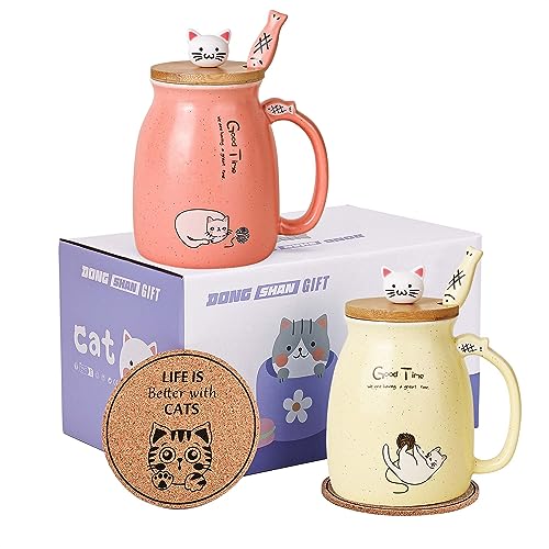 Katze Becher 2er Set Niedliche Katze Teetasse Kaffeebecher aus Keramik mit Kawaii-Deckel Niedliche Becher für Katzenliebhaber 450ml Weihnachten Geburtstag Katze Geschenk Becher (Rosa und Gelb) von DONGSHANGIFT