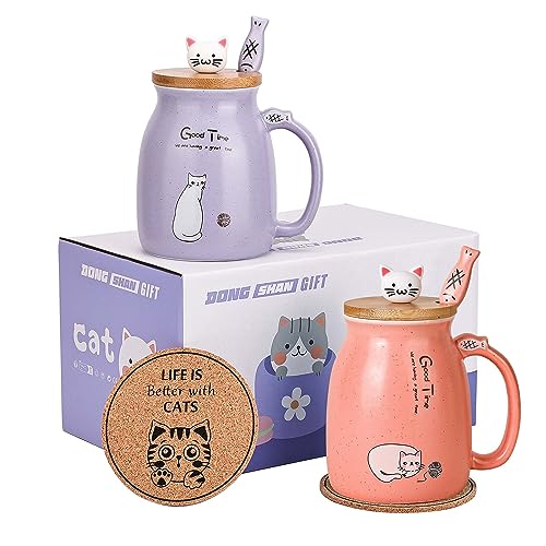 Katze Becher 2er Set Niedliche Katze Teetasse Kaffeebecher aus Keramik mit Kawaii-Deckel Niedliche Becher für Katzenliebhaber 500ml Weihnachten Geburtstag Katze Geschenk Becher (Lila und Rosa) von DONGSHANGIFT