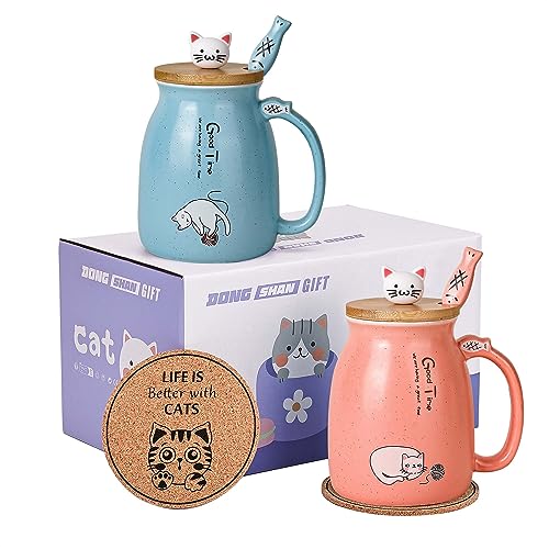 Katze Becher 2er Set Niedliche Katze Teetasse Kaffeebecher aus Keramik mit Kawaii-Deckel Niedliche Becher für Katzenliebhaber 500ml Weihnachten Geburtstag Katze Geschenk Becher (blau und Rosa) von DONGSHANGIFT