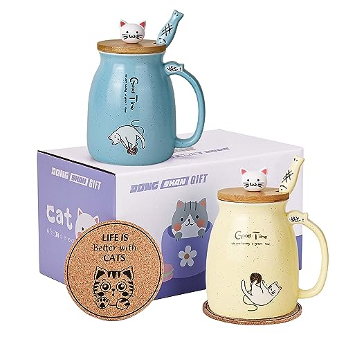 Katze Becher 2er Set Niedliche Katze Teetasse Kaffeebecher aus Keramik mit Kawaii-Deckel Niedliche Becher für Katzenliebhaber 500ml Weihnachten Geburtstag Katze Geschenk Becher (blau und gelb) von DONGSHANGIFT