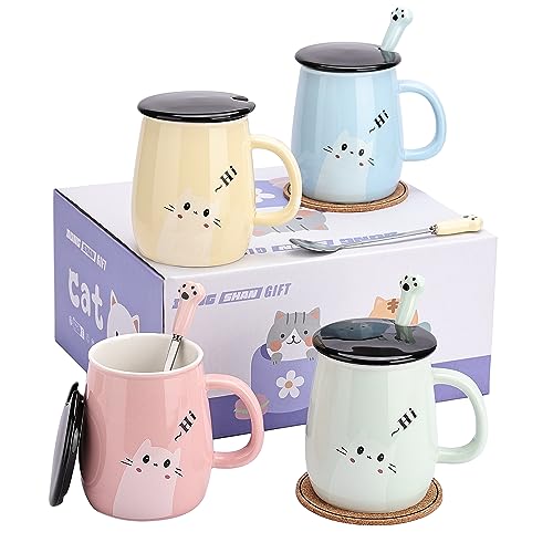 Katzenbecher 4er Set Kaffeebecher aus Keramik mit Deckel und Löffel Niedliche Tassen für Frauen Mädchen Katzenliebhaber 480ml Weihnachten Geburtstag Katze Geschenk Tasse (4pcs Blau Rosa Gelb Grün) von DONGSHANGIFT